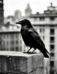 Black raven perched on city stone structure, monochrome cityscape. Gloomy gray city with black lonely raven on roof