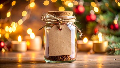 Glass jar with tag, Christmas lights & candles