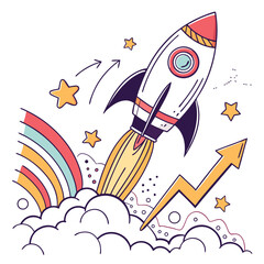 Rocket Launching Skyward With Rainbow And Growth Arrow startup success
