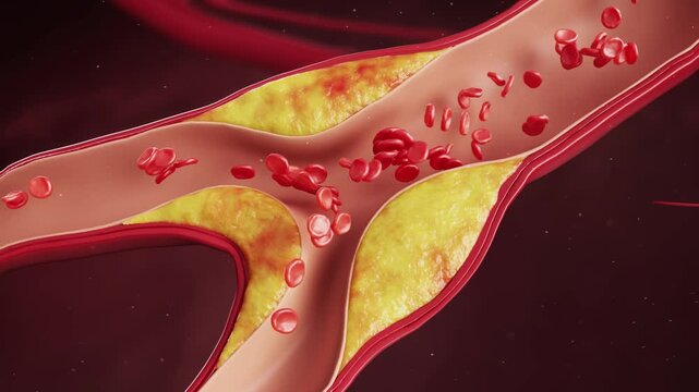 Blockage of heart vessels, blood clots forming in blood vessels, accumulation of atherosclerotic plaques and vascular garbage, myocardial infarction, myocardial ischemia, heart disease concept, 3D.