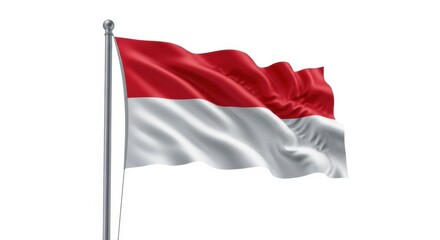 The flag of the Republic of Indonesia with its red and white stripes, waving realistically on a pole. Isolated 3D render on a white background.