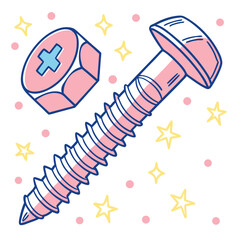 Pink screw and nut with stars bolt blue