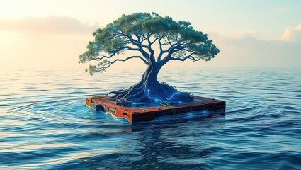 Future Ecosystem: Tree Powered by Cybernetic Roots on the Ocean