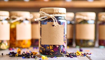 Glass jars of colorful loose leaf tea