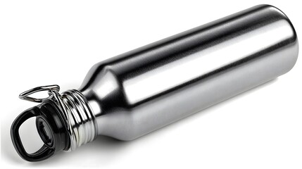 Polished metal water bottle with black cap.