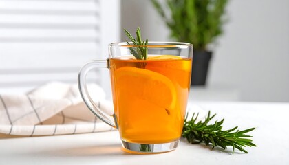 Glass mug of warm, citrusy tea with rosemary sprig