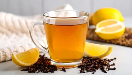 Glass mug of warm tea, lemon slices, and cloves