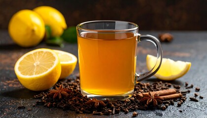 Glass mug of warm spiced tea with lemon slices