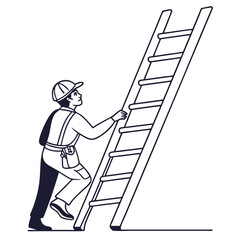 Worker climbing tall wooden ladder vector