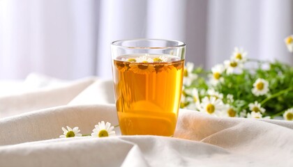 Glass of chamomile tea on linen