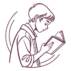 Young boy reading a book with a thoughtful expression learning education