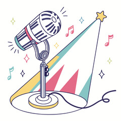 Vintage microphone with colorful spotlight and music notes