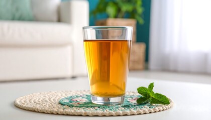 Glass of light amber tea on a table, mint sprig