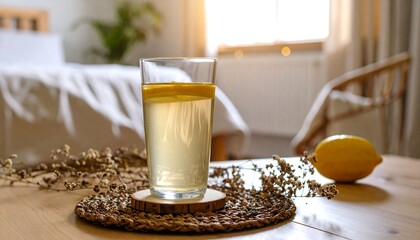 Glass of lemon water on a table in a bedroom