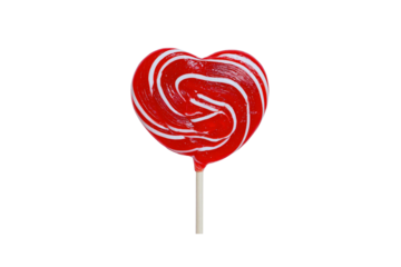 Vibrant Red And White Heart Shaped Lollipop With Swirl Pattern On A Stick Against A Transparent Background Isolate