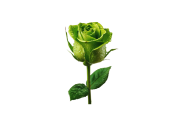 Vibrant green rose bloom with delicate petals covered in fresh water droplets standing upright