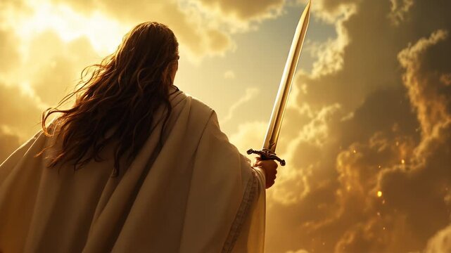 A dramatic and symbolic image of Jesus seen from behind, holding a sword as He returns to Earth during the Second Coming. 