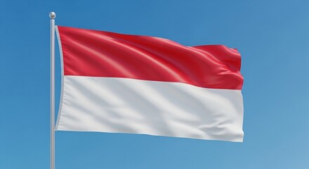 A realistic 3D render of the Indonesian flag fluttering on a silver flagpole, set against a clear, cloudless blue sky.