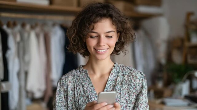 A cheerful woman showcases a vibrant blouse on her smartphone, with neatly arranged clothes in the background.