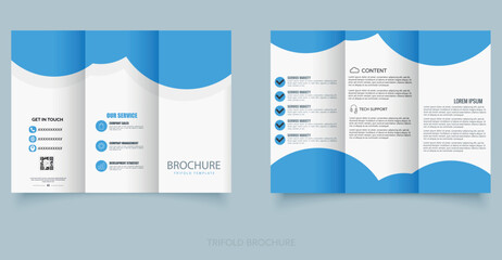 Blue trifold brochure template with simple abstract cloud shape.