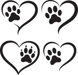 Four hearts with paw prints silhouette