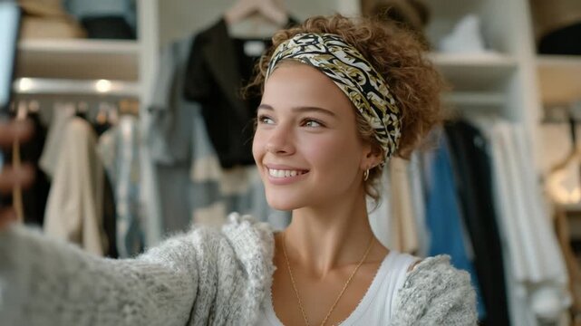 Vibrant woman highlights a patterned scarf to her smartphone, surrounded by a stylish home wardrobe.