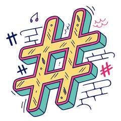 Yellow hashtag symbol with pink and teal outline social media
