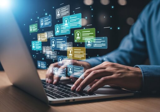 
Businessman messaging team with using laptop computer. Collaboration platform. Employee communication and knowledge sharing on discussion forums in internal social network.