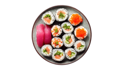 Set of sushi and maki with soy sauce over blue stone background. Top view with copy space