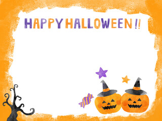 ハロウィンの水彩イラストフレーム　オレンジ
