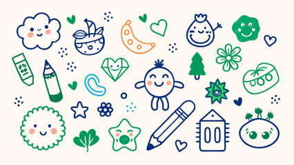 School Kindergarten Vector Doodle Set - Crayon Drawn Cute Shapes