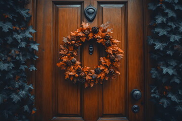 Door adorned with a festive autumn wreath made of leaves and pinecones in a cozy neighborhood during fall