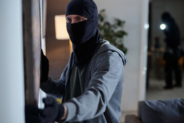 Criminal wearing mask and gloves stealing framed artwork from wall while another masked figure...