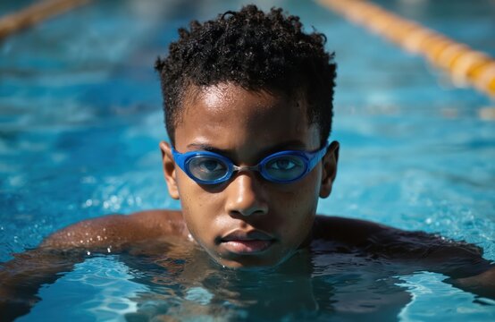 Young African American boy swims in pool with curly hair. He wears blue swim cap and goggles, kicks legs in blue water. Pool is fenced with trees in background. - Powered by Adobe