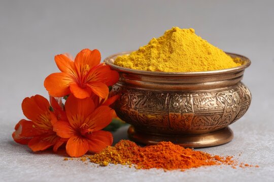 A bronze bowl filled with yellow powder is centered amidst orange flowers and a scattering of orange powder - Powered by Adobe