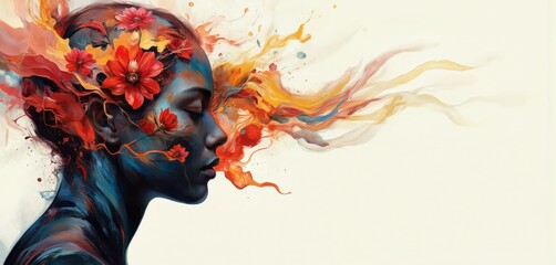 Fototapeta premium Expressive digital painting captures woman with closed eyes, face immersed in vibrant colorful oil splashes, red flowers. Abstract artwork with flowing paint textures, suggesting creative energy,