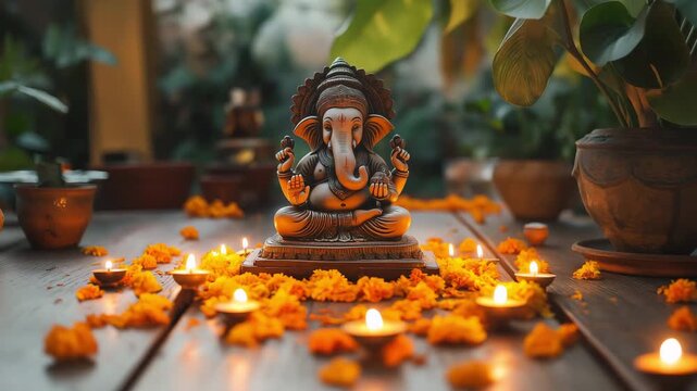 Ganesha statue decorated with flowers and candles