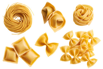 Assortment of dry pasta on a black background including spaghetti nests tortellini farfalle tagliatelle and ravioli