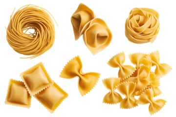 Assortment of dry pasta on a black background including spaghetti nests tortellini farfalle tagliatelle and ravioli
