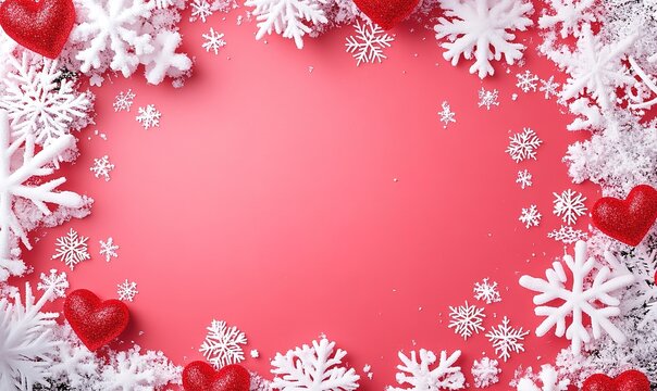 Red and white background with heart-shaped snowflakes for Valentine's Day, with space in the center of the frame for text or images.