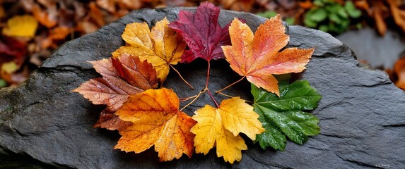 Autumnal Equinox: A Circle of Colorful Maple Leaves on Dark Stone