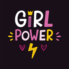 Girl power text with crown and lightning bolt on dark background lettering typography
