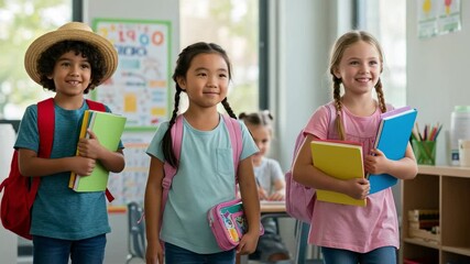Happy diverse elementary school students standing in a classroom. A multiethnic group of children, a boy and two girls, ready for lessons with books and backpacks. - Powered by Adobe