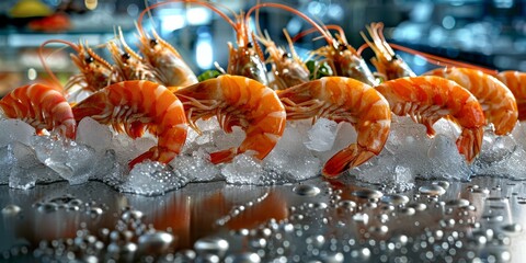 Obraz premium Fresh tiger prawns resting on a bed of sparkling ice