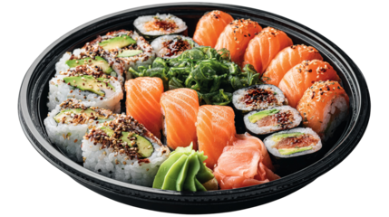 Set of sushi and maki with soy sauce over blue stone background. Top view with copy space