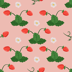 Strawberry seamless pattern. Red strawberries with flowers leaves pink background. Juicy summer berries pattern. Vector fabric, packaging, paper, wallpaper.