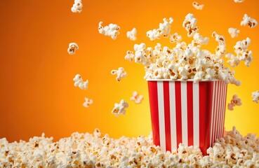 National Popcorn Day celebration with overflowing bucket of popcorn. Salty snack, cinema entertainment, film treat, crunchy kernels. Festive party background with copy space for text.