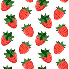 Strawberry seamless pattern. Red Juicy summer  strawberries on white background. 
