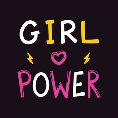White yellow and pink text saying girl power with heart and lightning bolts on dark background