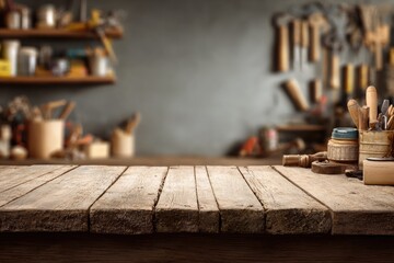 Empty Wooden Table Surrounded By Tools In An Artisan Workshop Setting